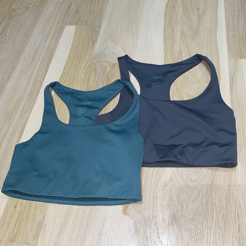 Teal and gray sport bras